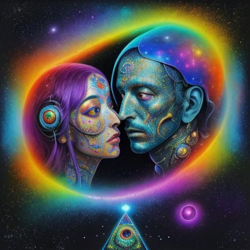 Techno-Surrealist Androids Unite in Cosmic Harmony