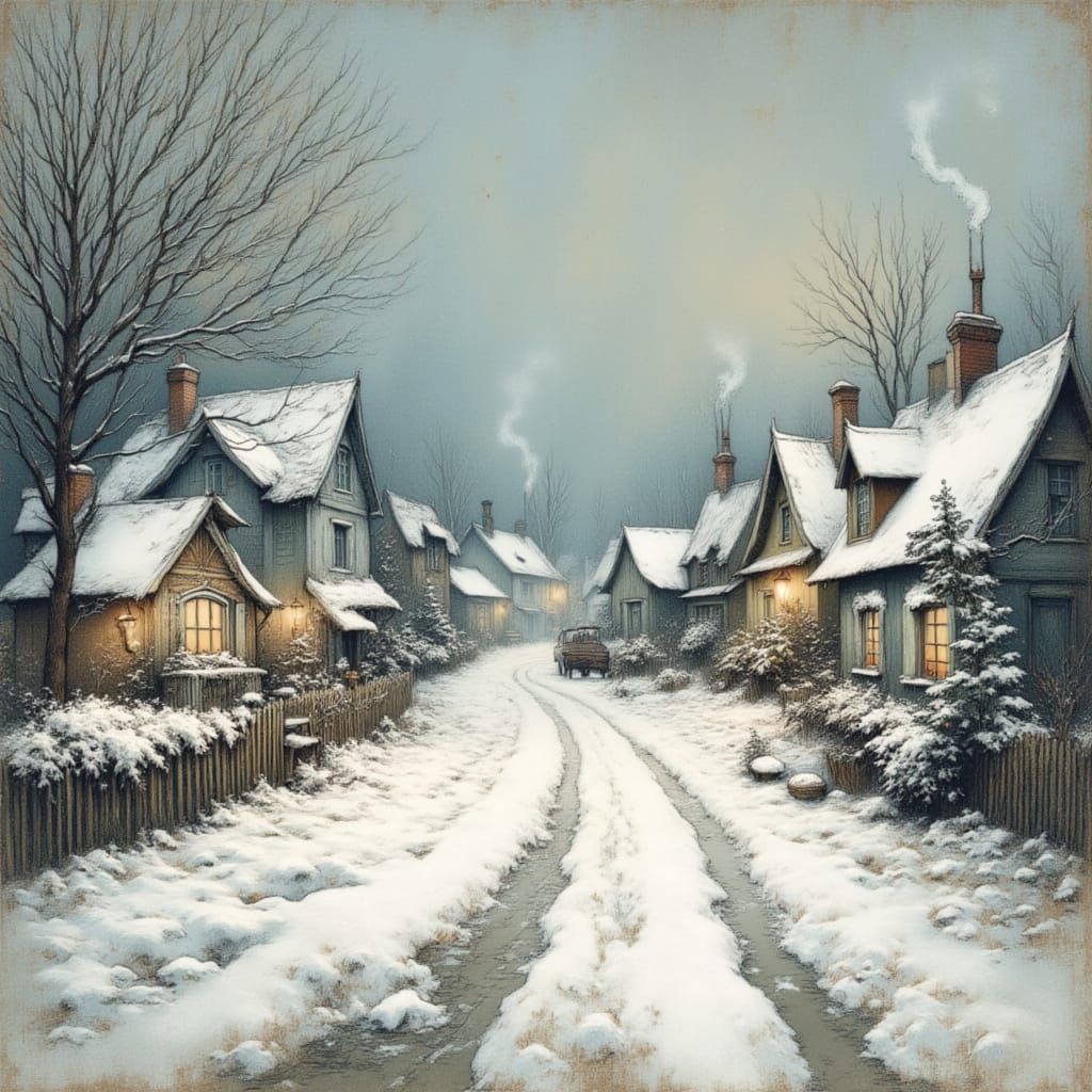 Cozy Christmas Village in Snowy Landscape Oil Painting