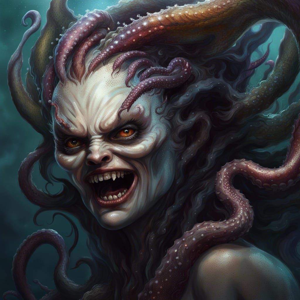 Hyperrealistic Evil Siren with Tentacles and White Eyes