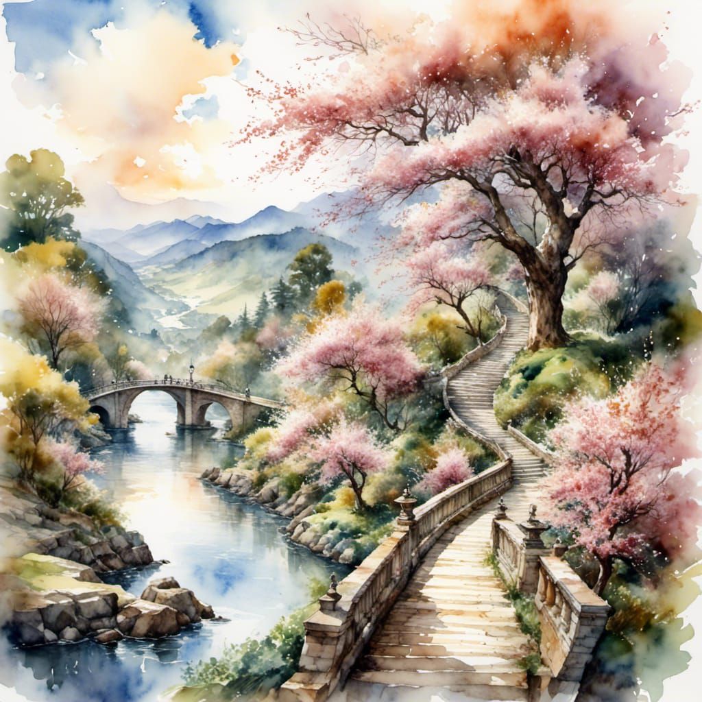 Cherry Blossom River Scene as Watercolor Painting
