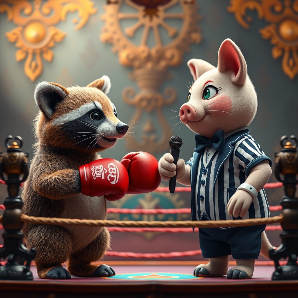 Whimsical Boxing Match with Raccoon, Pig, and Feline Referee