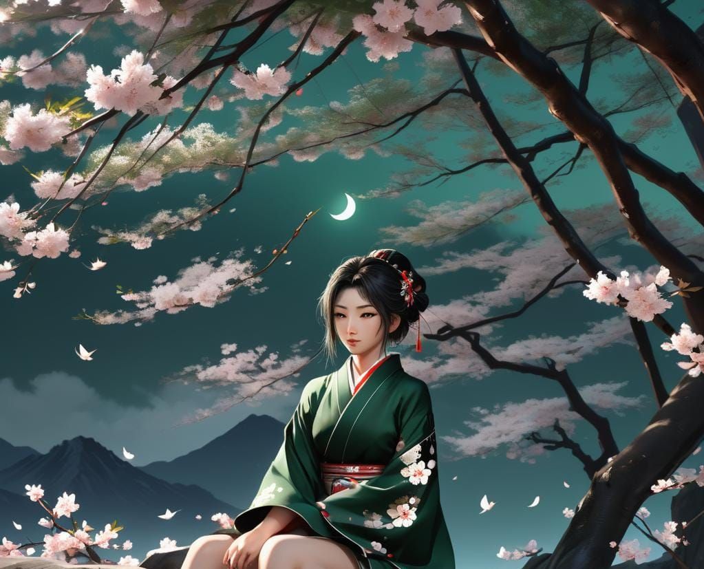 Sakura Moonlight: Anime Girl in Green Kimono