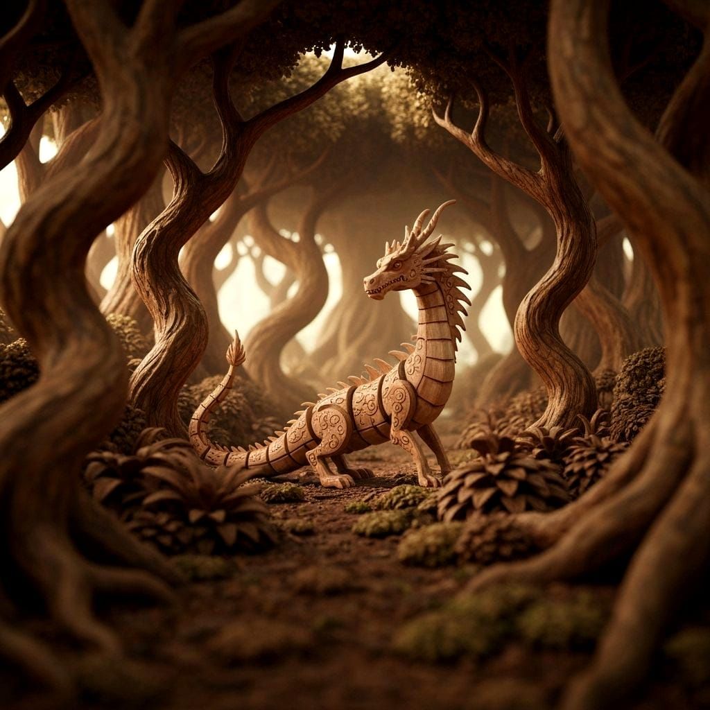 Wooden Dragon in Carved Forest, Whimsical Fantasy Art