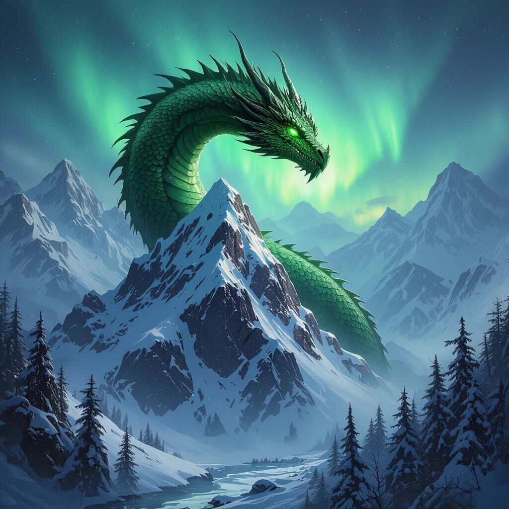 Emerald Dragon Perched on Frozen Peak