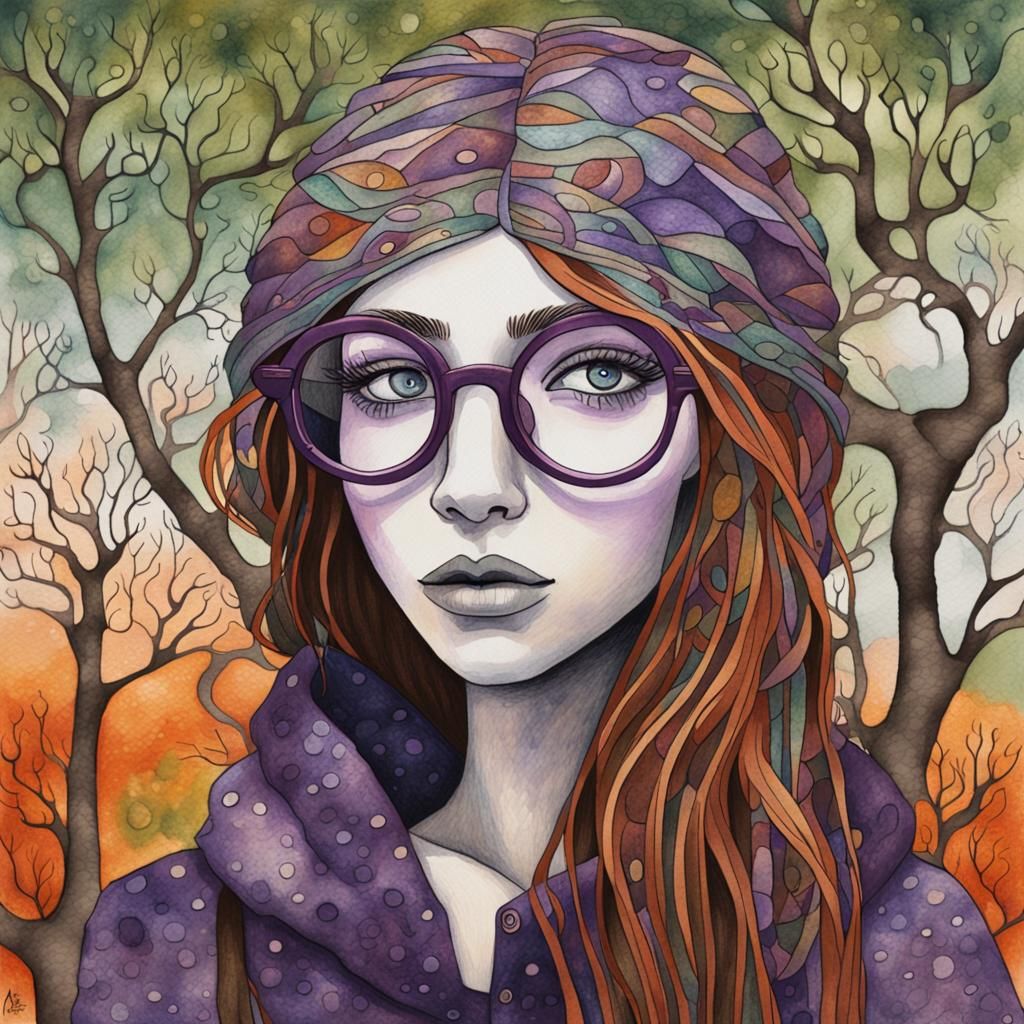 an art brut anime profile portrait of a attractive nomadic f...