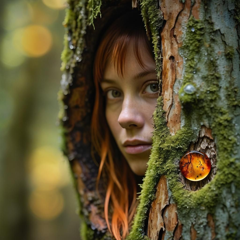 Amber Disk on Mossy Bark: Watercolor Portrait
