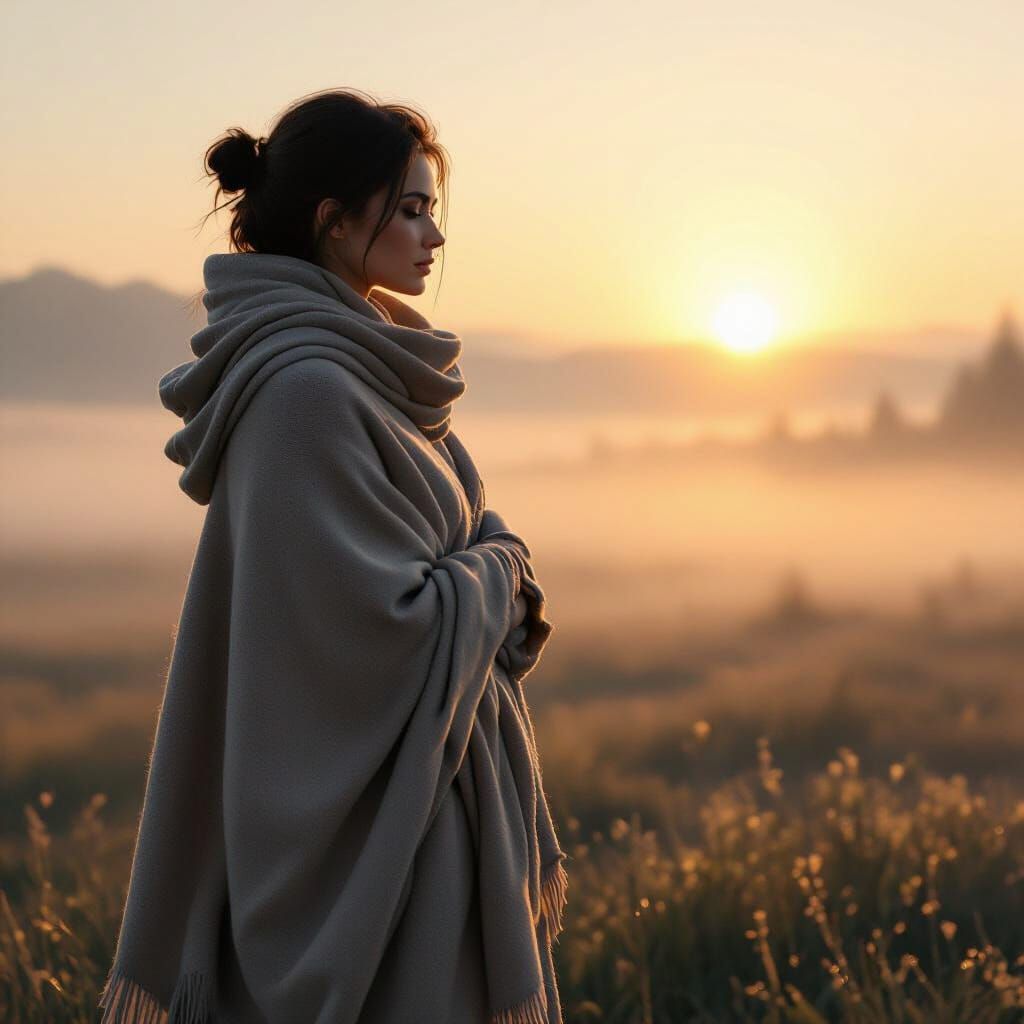 Woman in Tranquil Landscape at Dawn