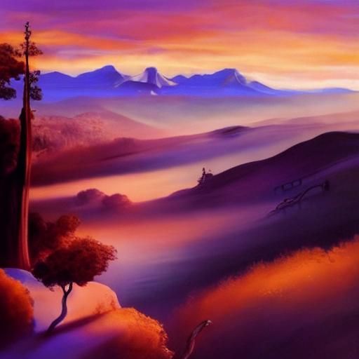A digital painting of a stunning mountain range at sunrise with the inclusion of a prominent cedar tree in the foregroun...