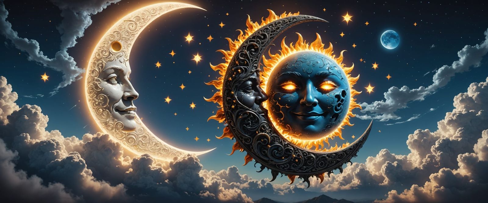 Fantasy 3D Render of a Smiling Sun and Moon