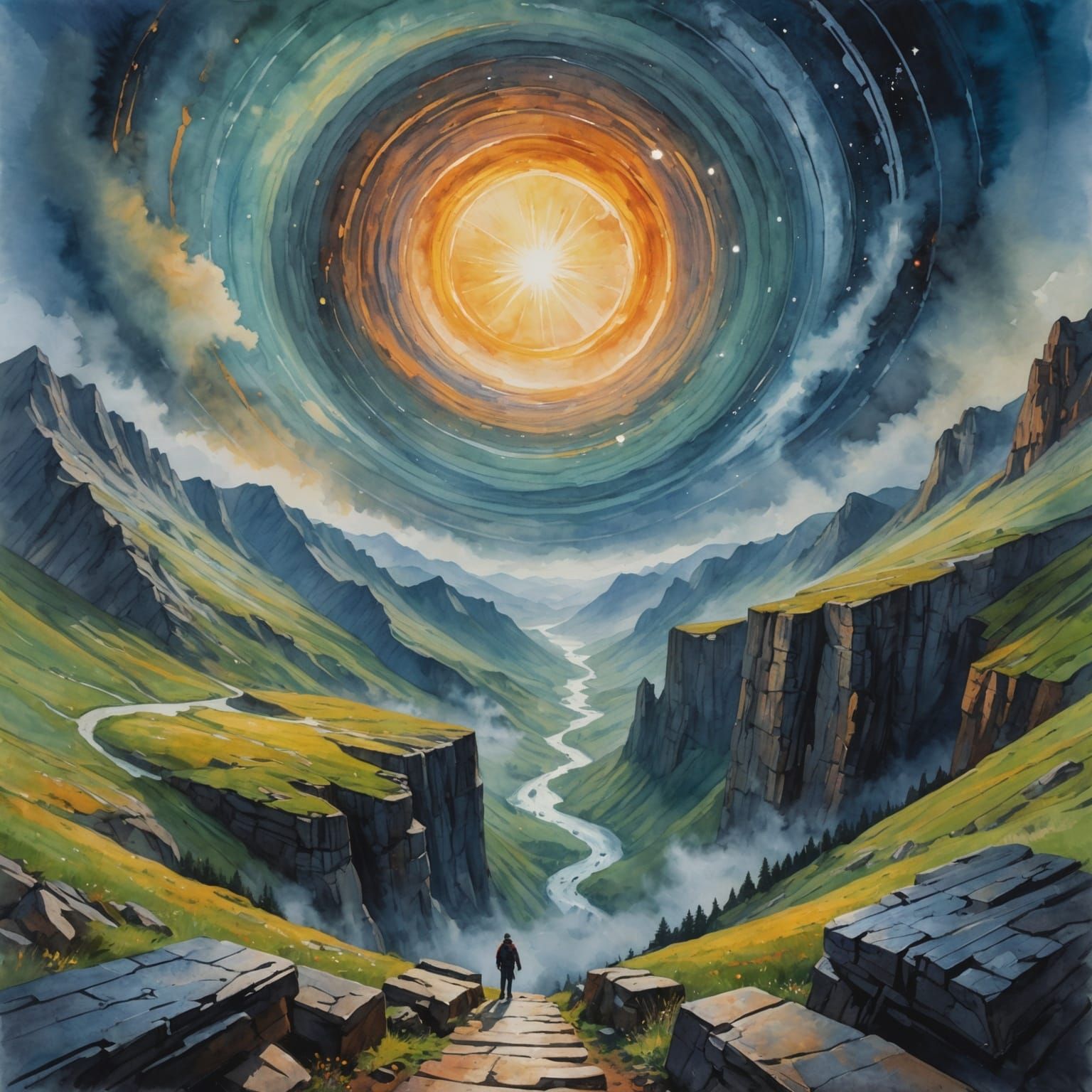 Misty Mountains Wormhole in Gouache Style