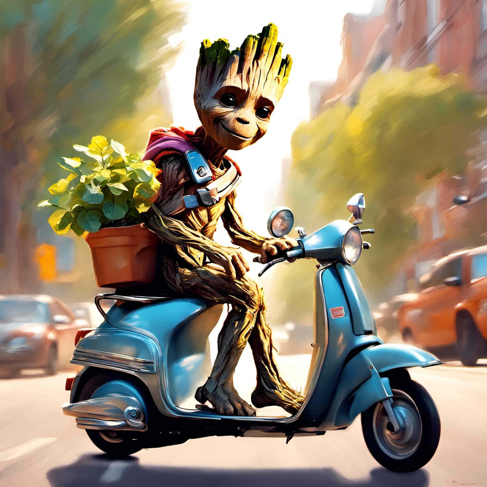Groot on Scooter Portrait in Digital Illustration