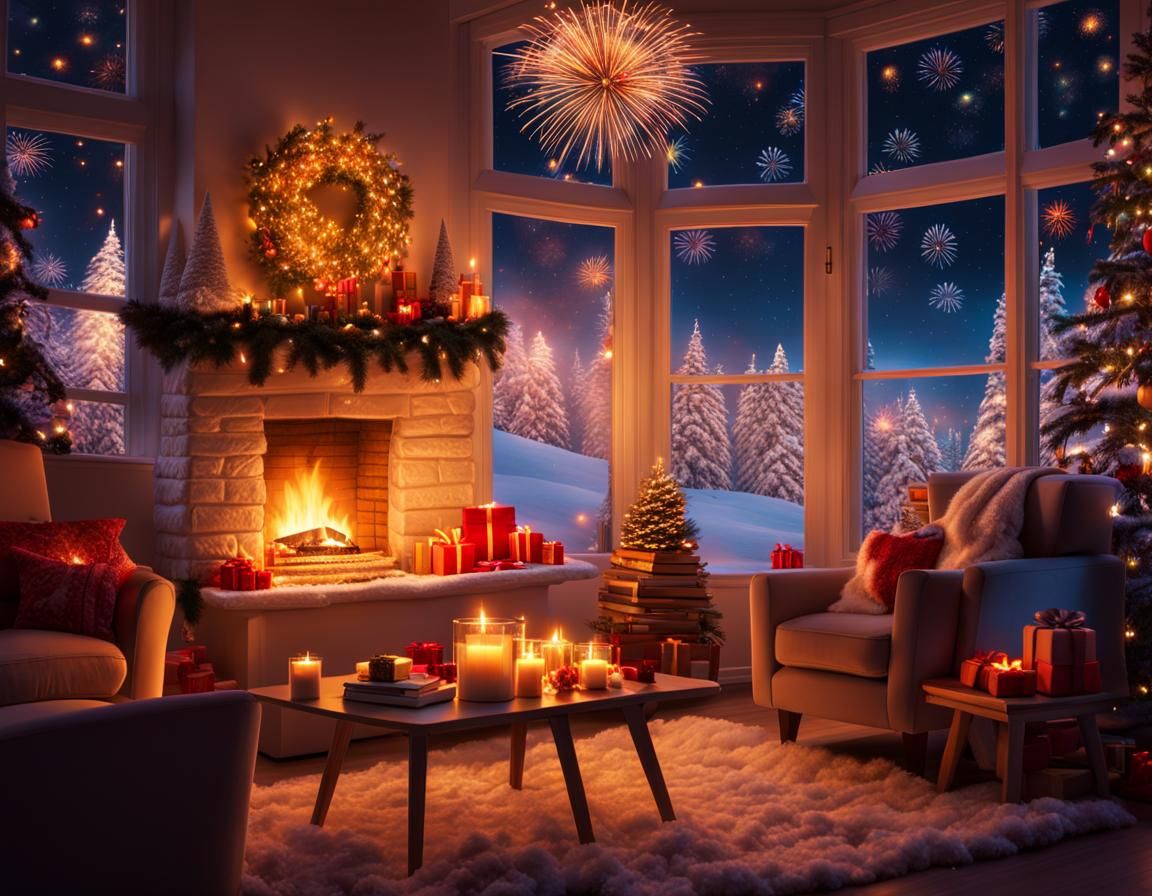 Cozy Holiday Living Room with Fireworks Display