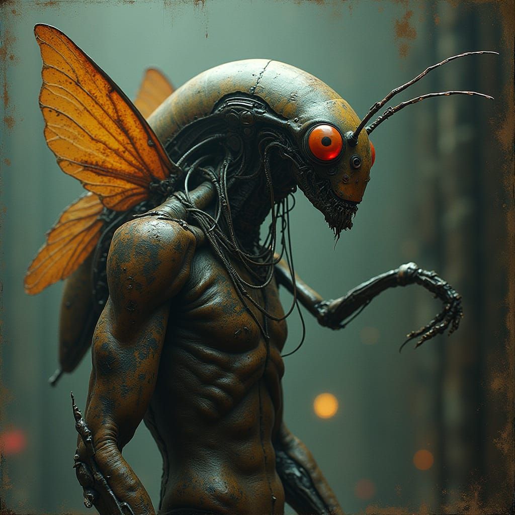 Biomechanical Alien Katydid in Futuristic Industrial Landsca...