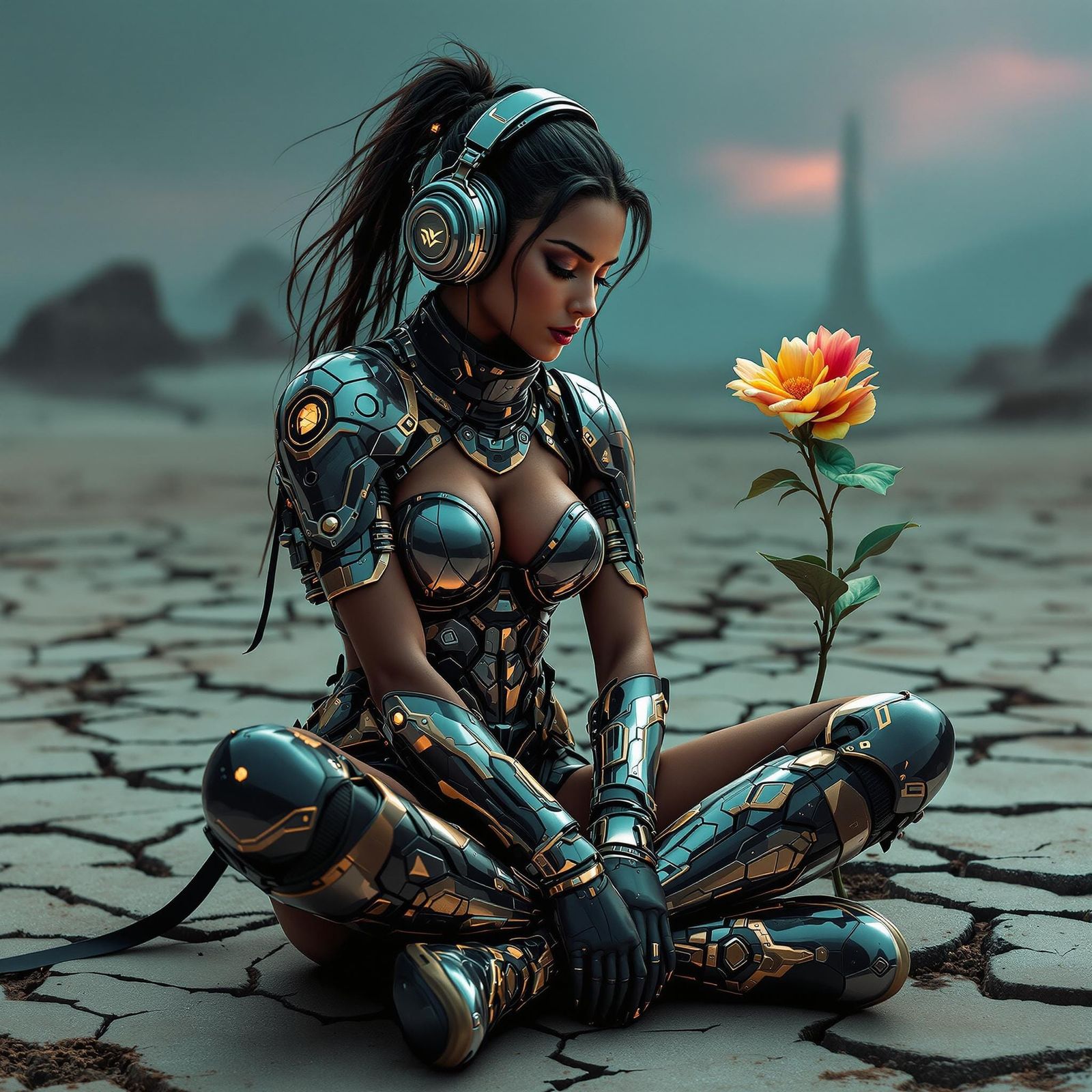 Cyberpunk Goddess Observes Rare Bloom Amidst Desolate Wastel...