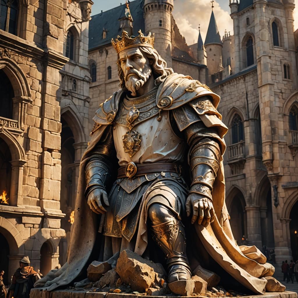 a crumbling broken marble statue of an ancient king, in a me...