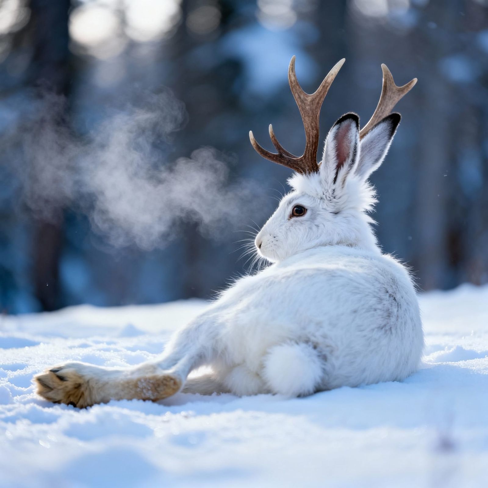 Jackalope Resting in Snowy Woodland