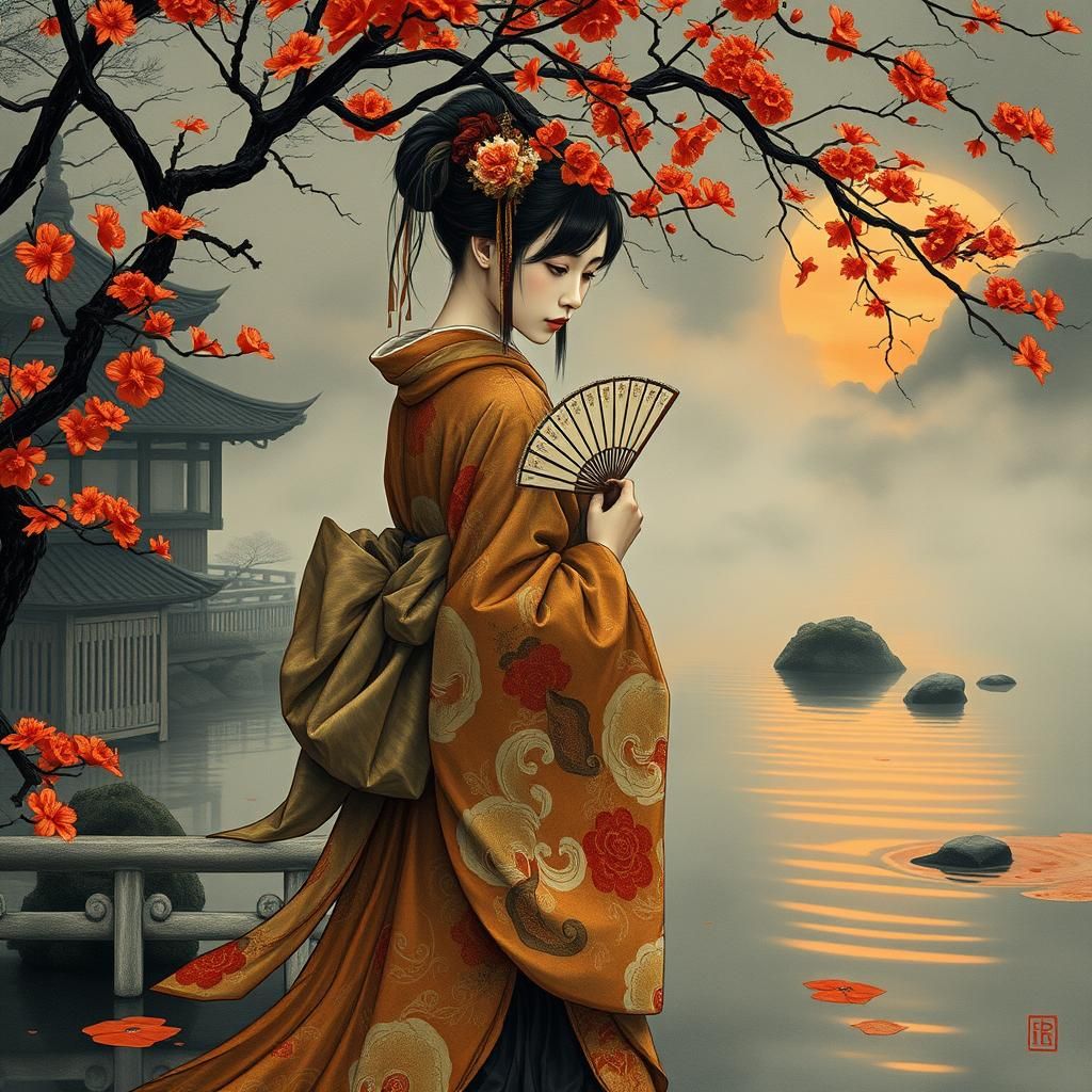 Japanese Woman in Garden, Nihonga Style Artwork