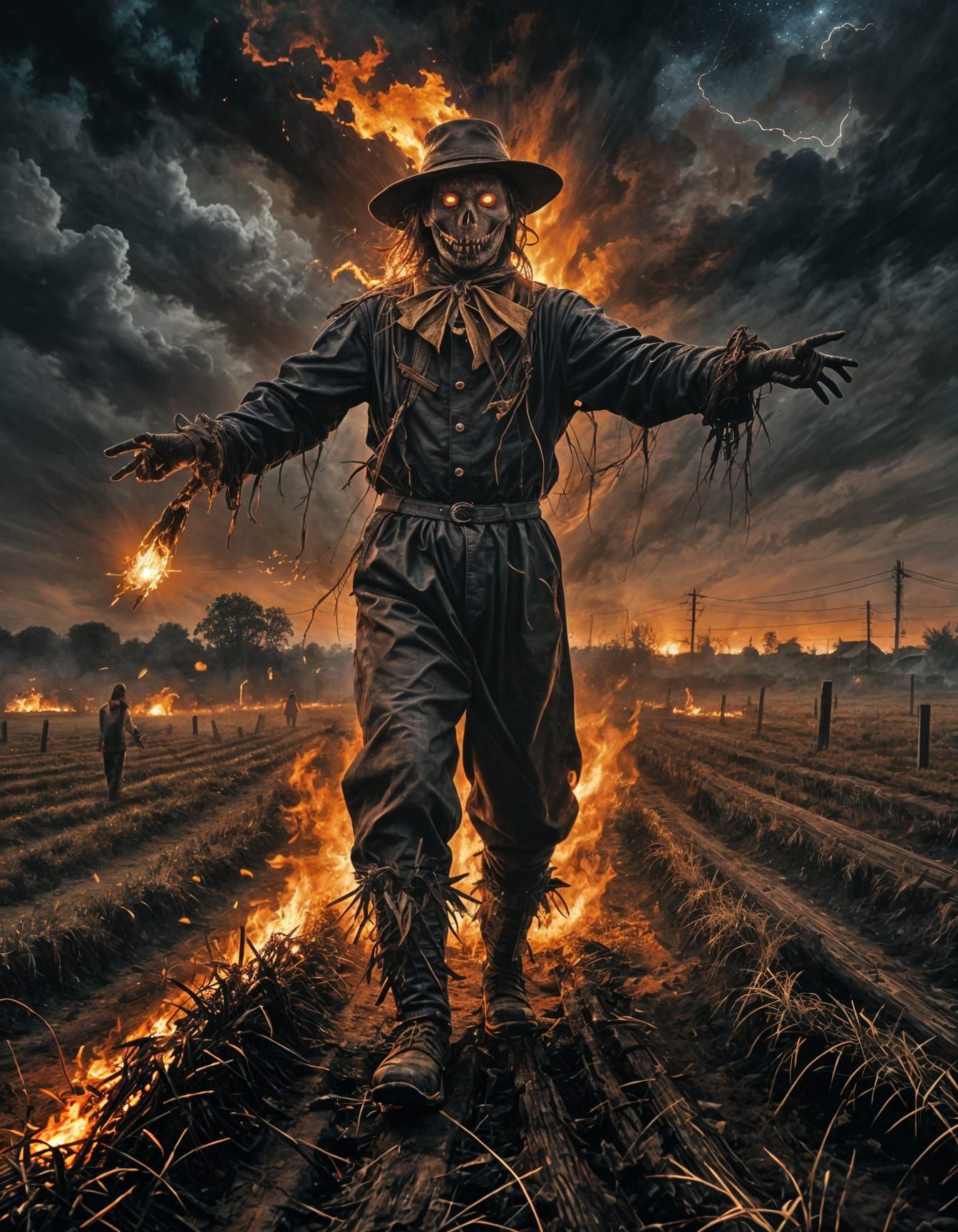 Eerie Scarecrow Silhouette in Burning Field at Night