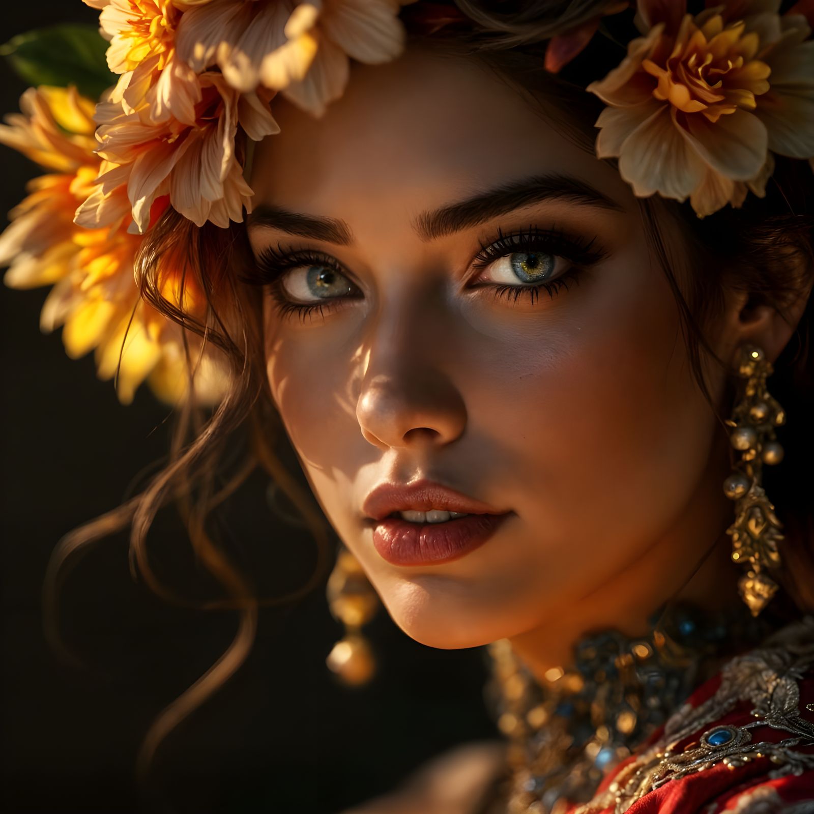 Hyper-Realistic Spanish Dancer Portrait in Warm Golden Light