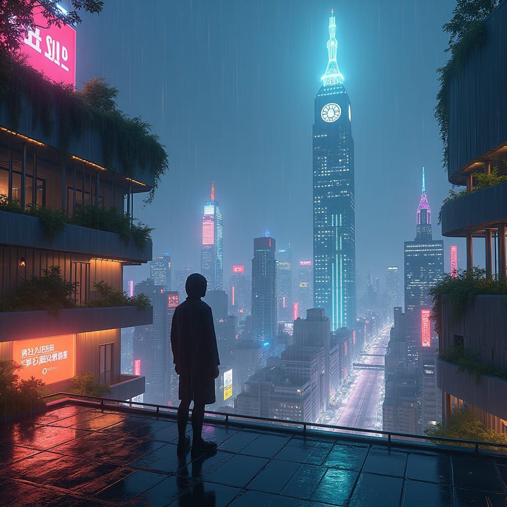 Neonara Rooftop: Solitary Figure in Cyberpunk Cityscape
