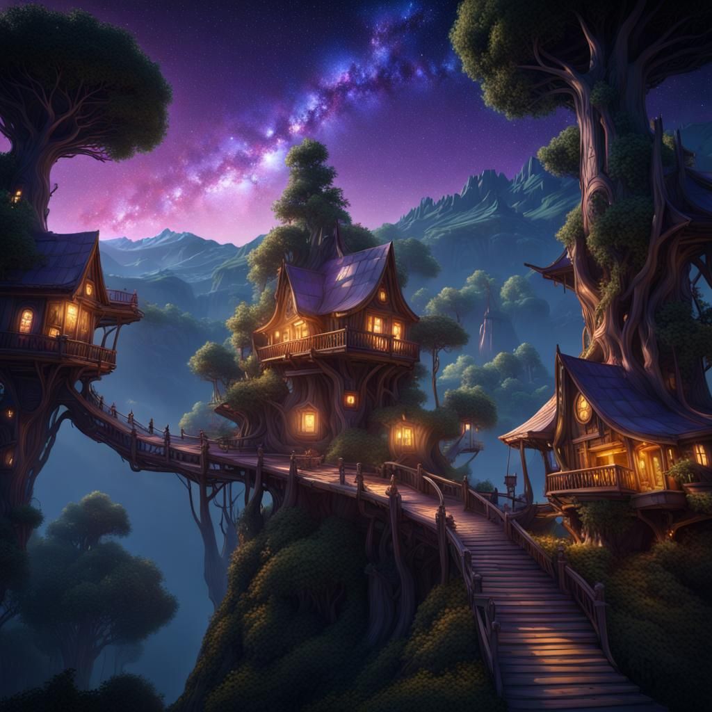 Enchanted Tree City Under Milky Way