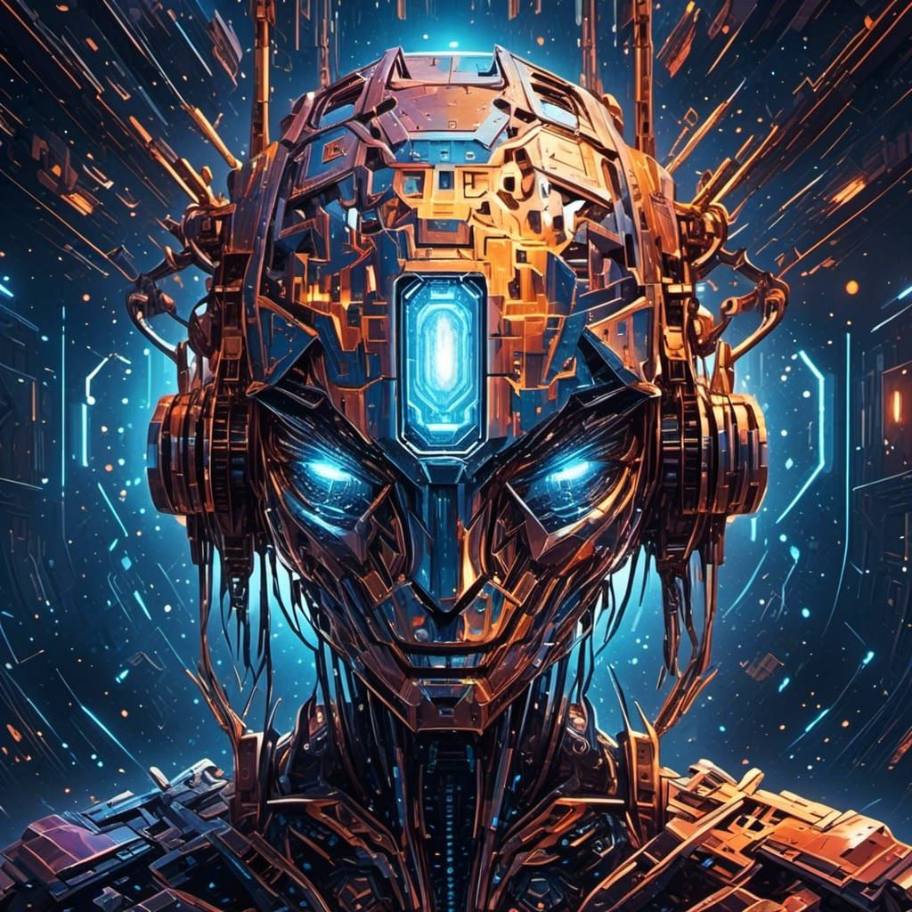 Cosmic Faceless Robot with Hypercube Head