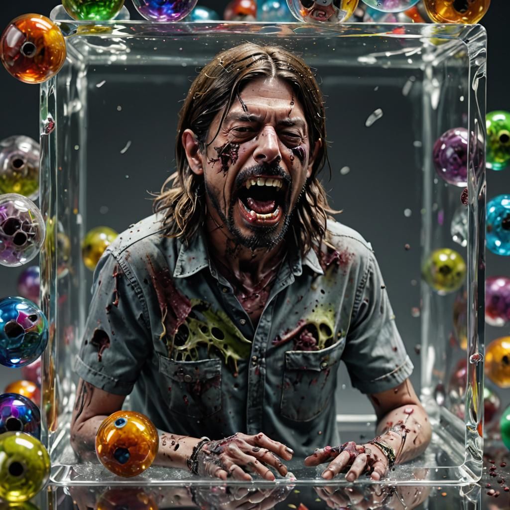 Zombie Dave Grohl in Crystal Cube: Hyperrealistic 3D Renderi...