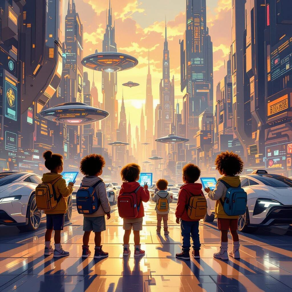 Children Explore Vibrant Futuristic Cityscape in Golden Hour...