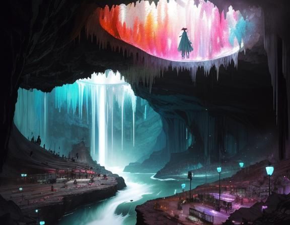 Underground Cave Shopping Center: Watercolor Illustration