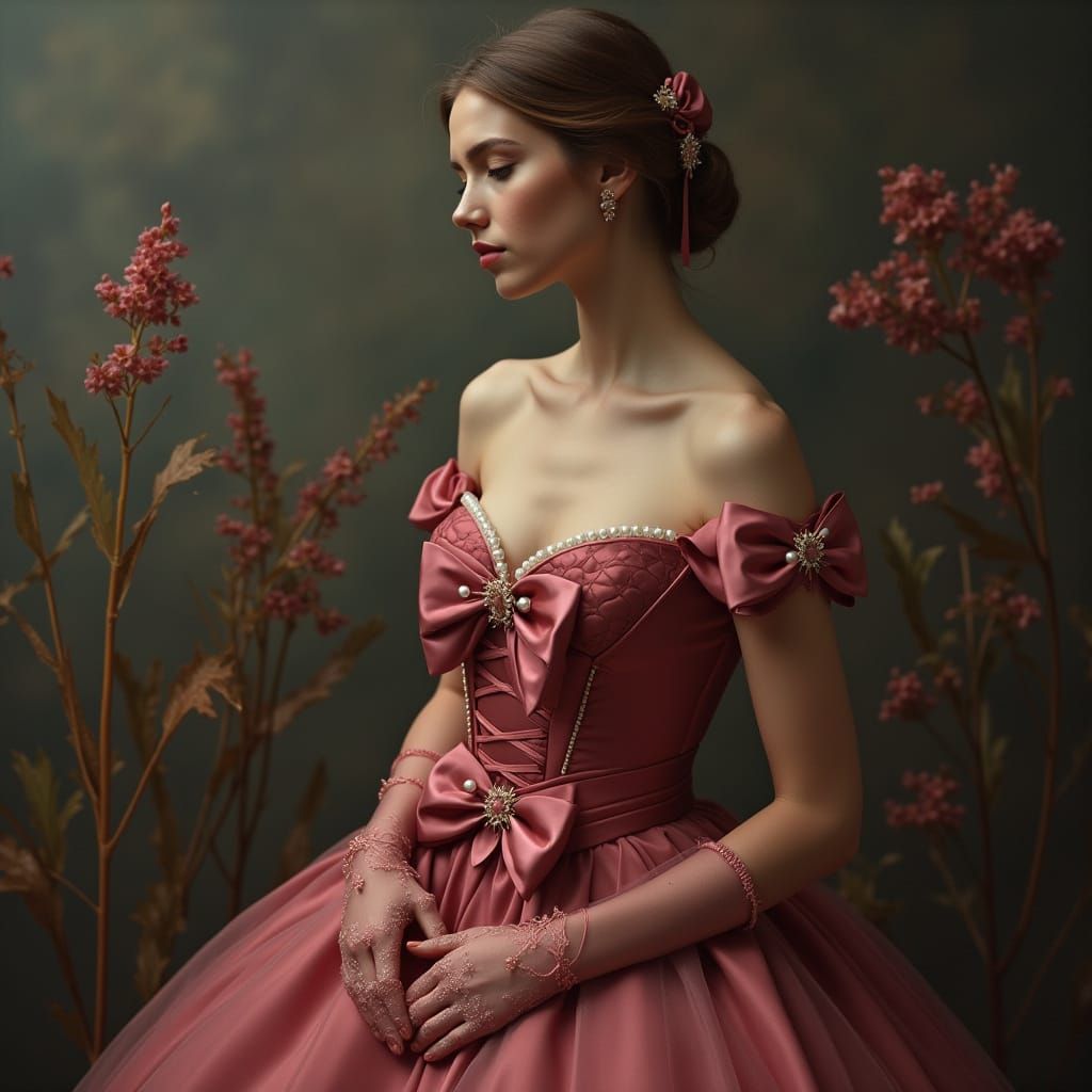 Woman in Rose Dress with Bows, Fantasy Art