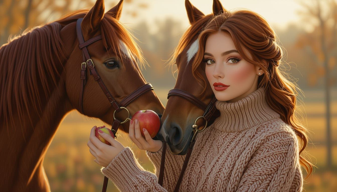 Woman Feeds Apple to Horse in Golden Hour Light