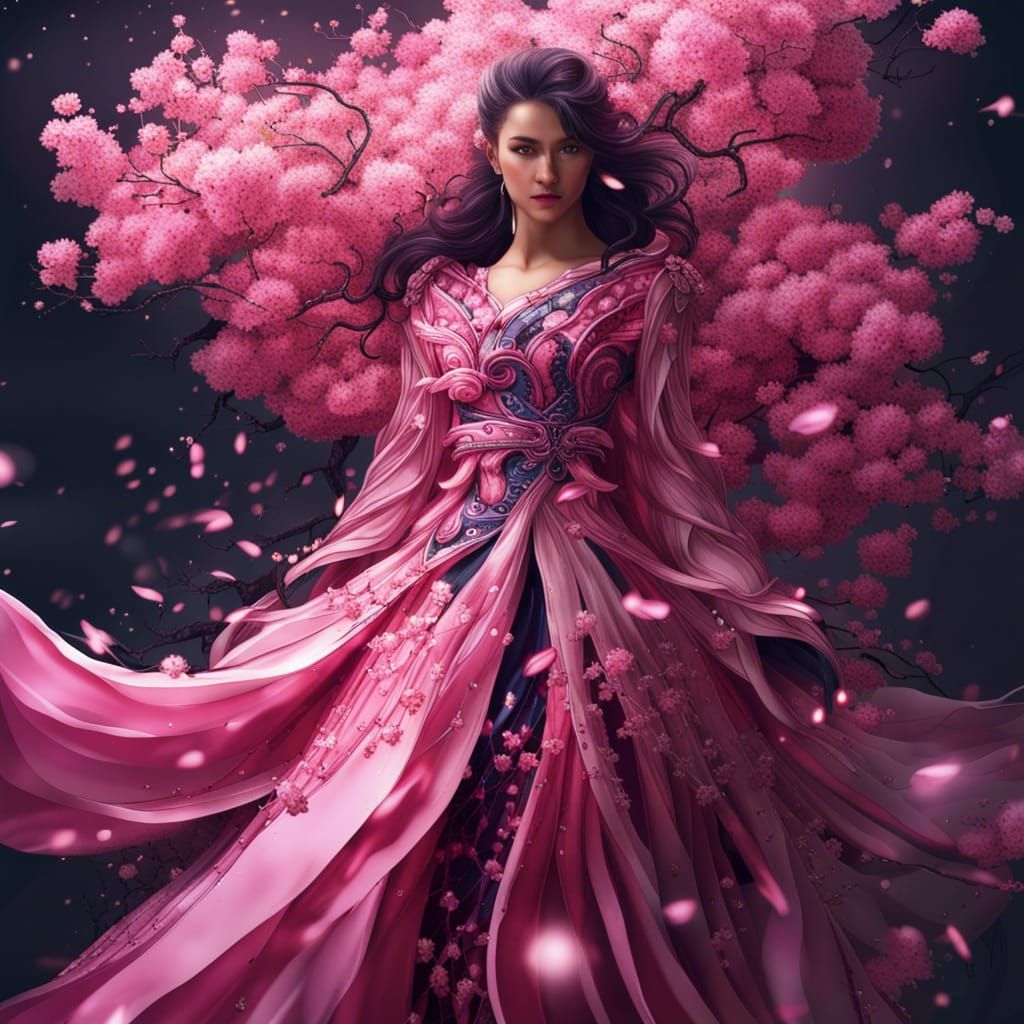 Epic pink fantasy flowing dress made of sakura blossoms,