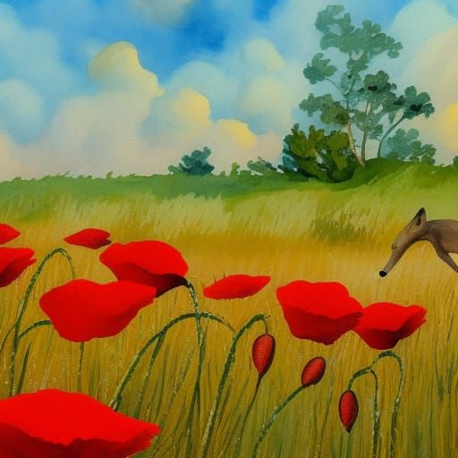 Fox in Poppies: Gouache Watercolor Impressionist Painting