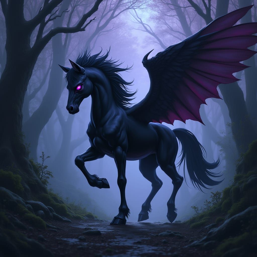 Menacing Black Pegasus in Gloomy Forest
