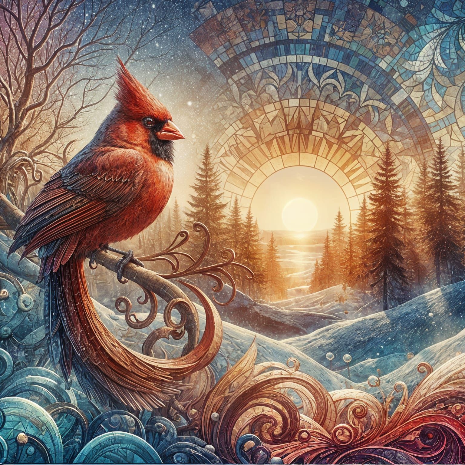 Mosaic Cardinal at Winter Sunrise, Detailed Digital Art