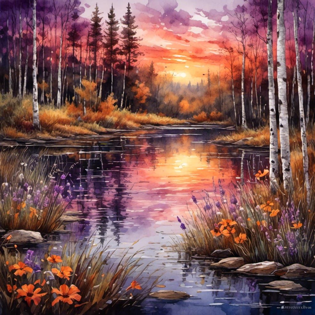 Sunset Lake Birch Forest in Antique Watercolor Style