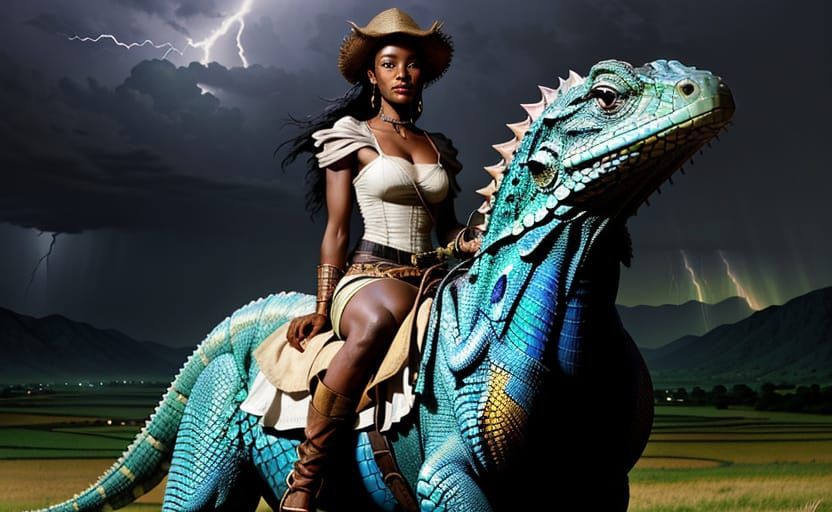 Cute Peasant Girl Rides Iridescent Lizard in Stormy Landscap...