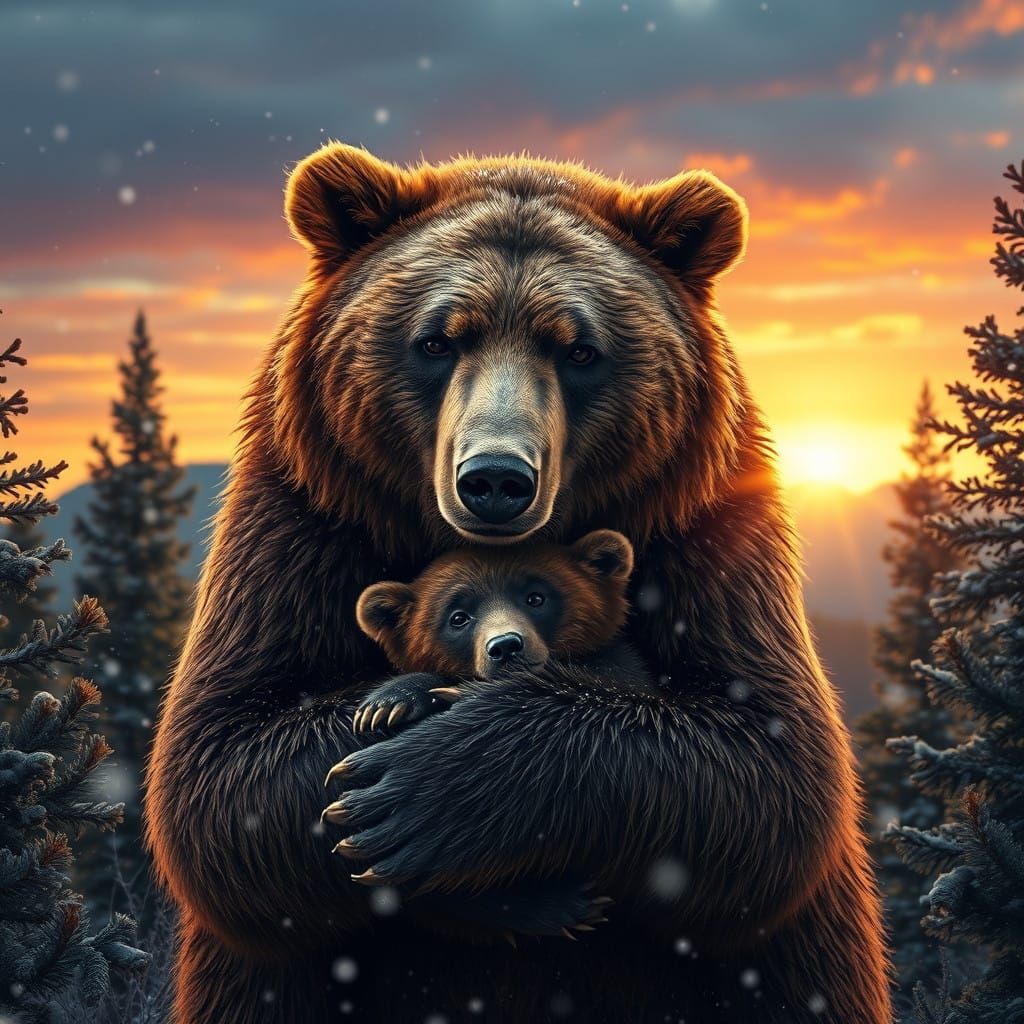 Grizzly Bear Tenderly Embracing Her Cub in Sunset Snowfall