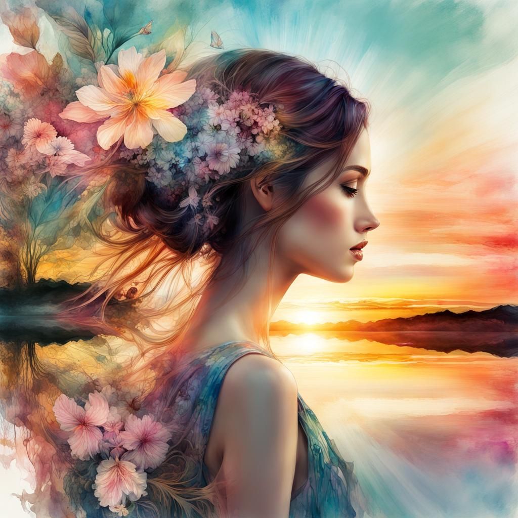 Woman in the sunset with flowers in her hair  (4/4)