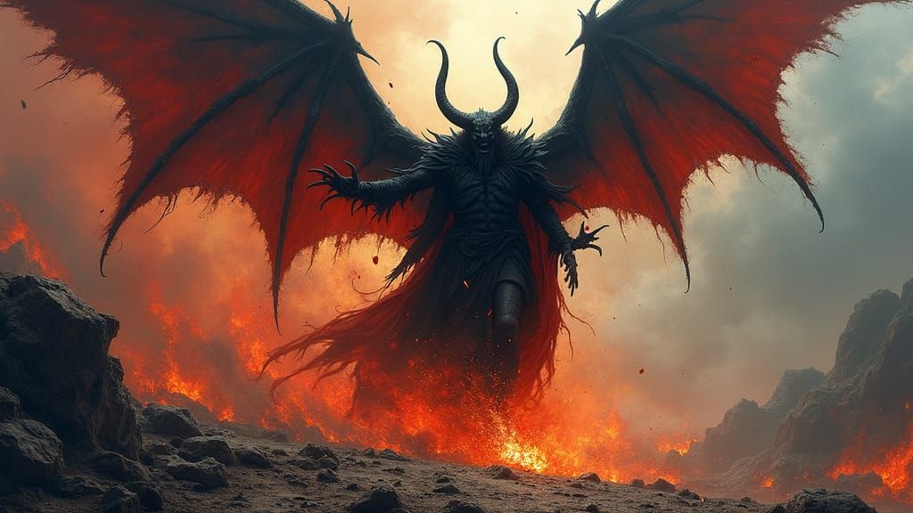 Satan's Wrathful Fall: A Gothic Watercolor