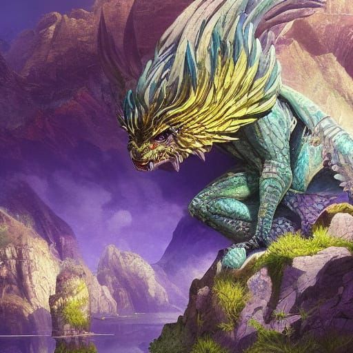 Fantastical Creature on Rocky Outcrop - Vibrant Digital Art