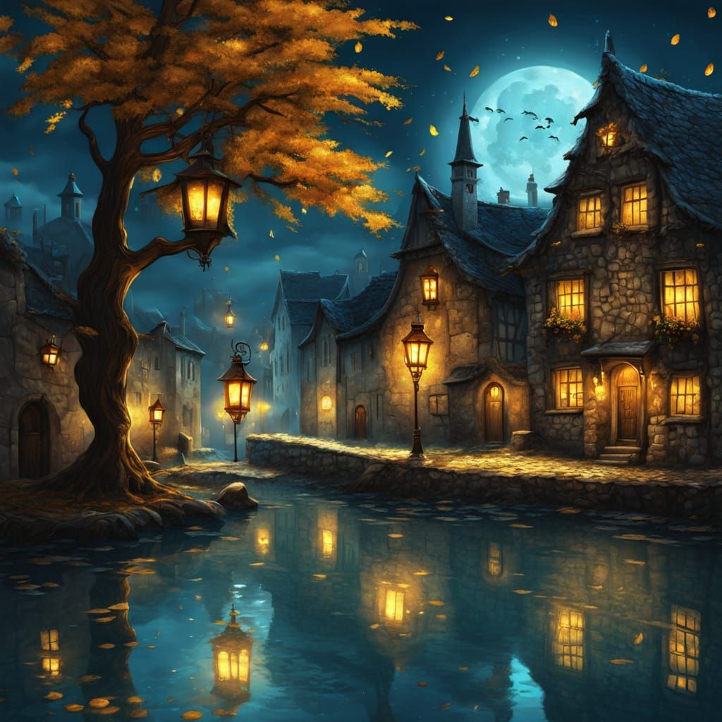 Medieval Street Scene with Lanterns and Full Moon