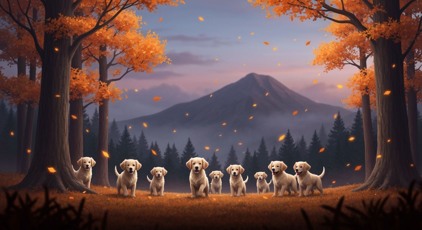 Joyful Golden Retriever Puppies Ambush Autumn Forest