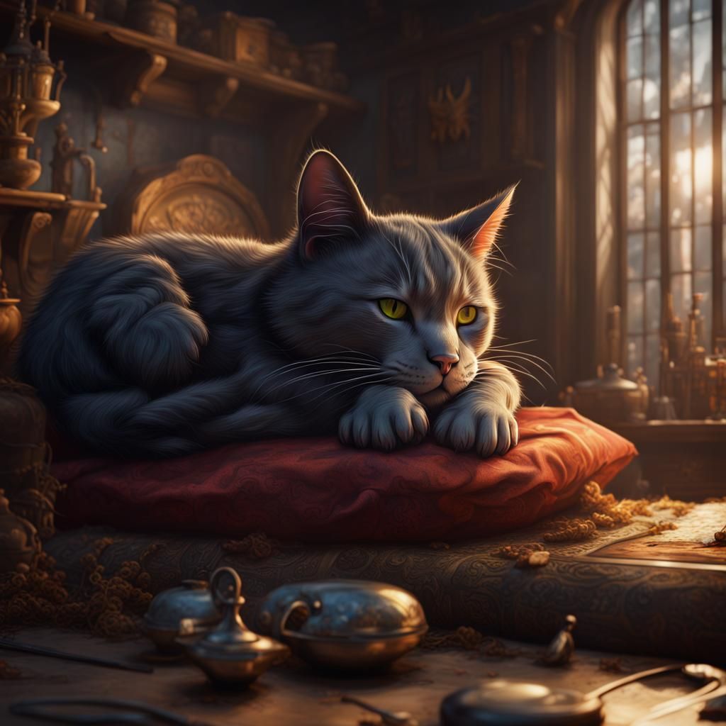 Sleeping House Cat in Detailed Digital Painting