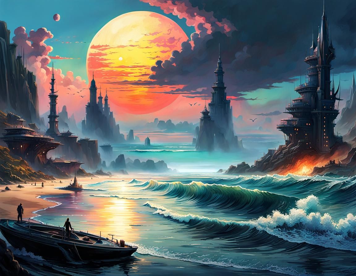 Tenebrism Sunset on Atompunk Alien Beach