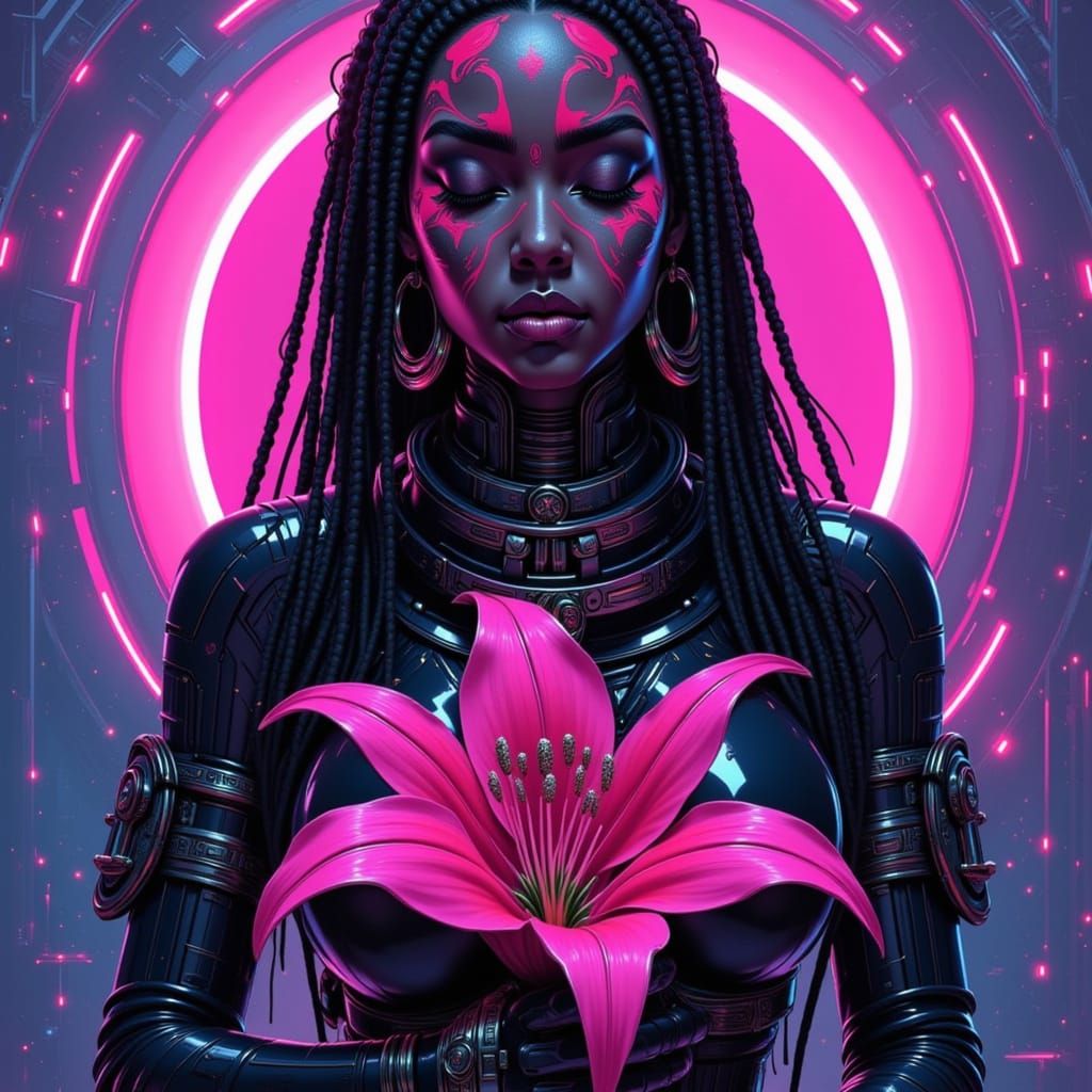 <lora:Female Heavy Armor:1.0> futuristic tribal woman with locs, black and pink face paint, closed eyes, large lily flow...