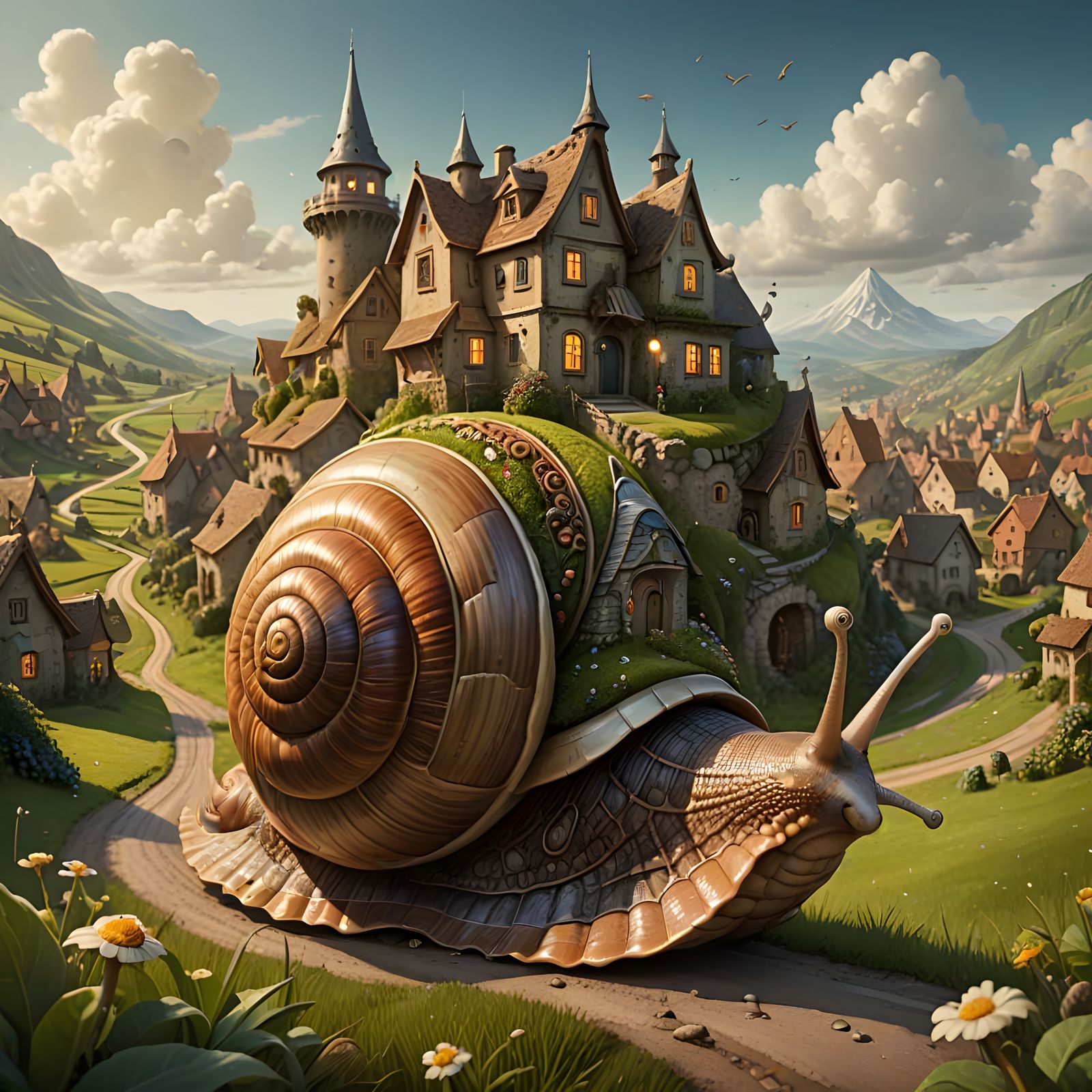 Giant Snail in Whimsical Fantasy Landscape