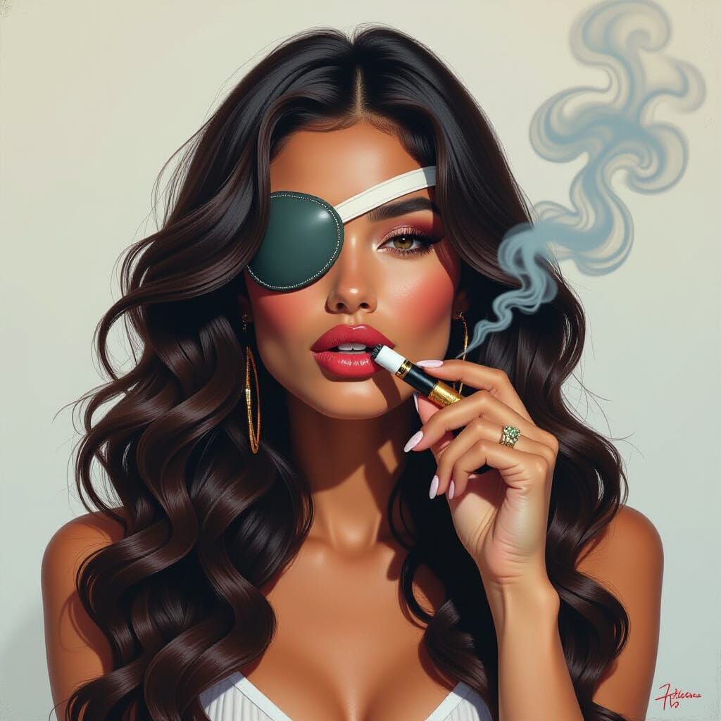 Venezuelan Woman with Eyepatch Blowing Vape Smoke