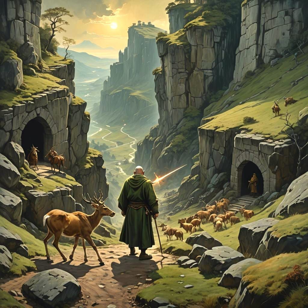 Bedwyr Defends Deer: Spiritual Oil Painting in Woods