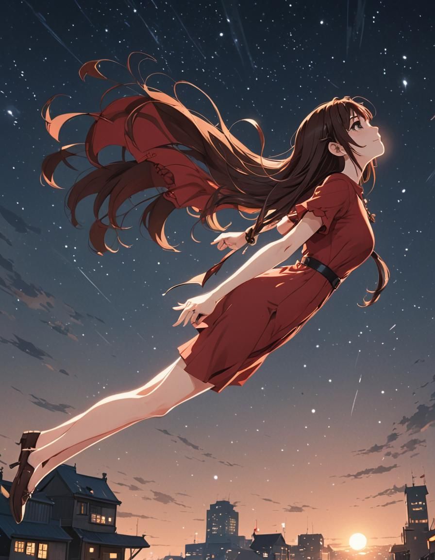 Anime Girl Flying in the Night, Cel-Shaded Art